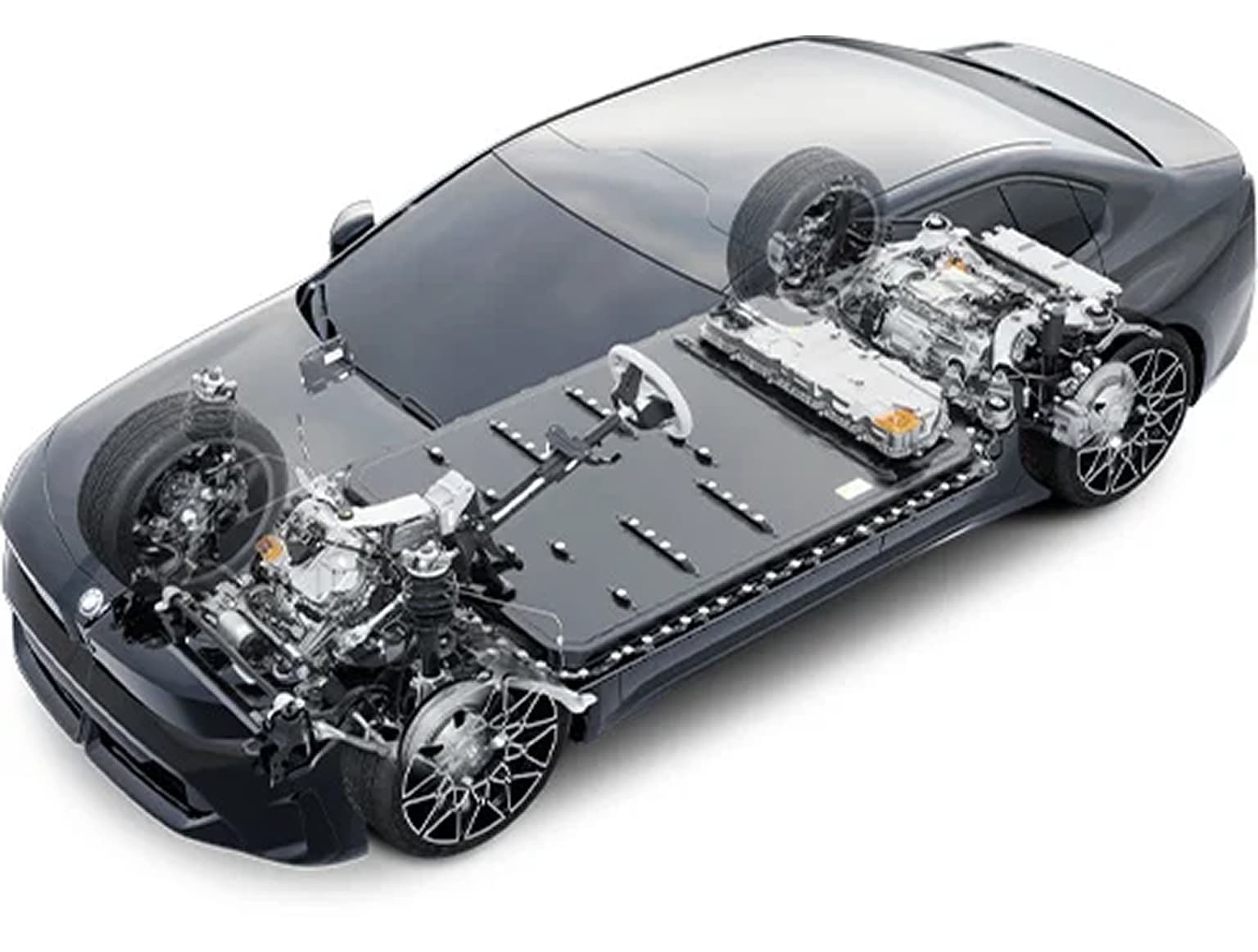 Transparent representation of the drive chain of the BMW i3 Sedan with highlighted drive train and battery architecture.