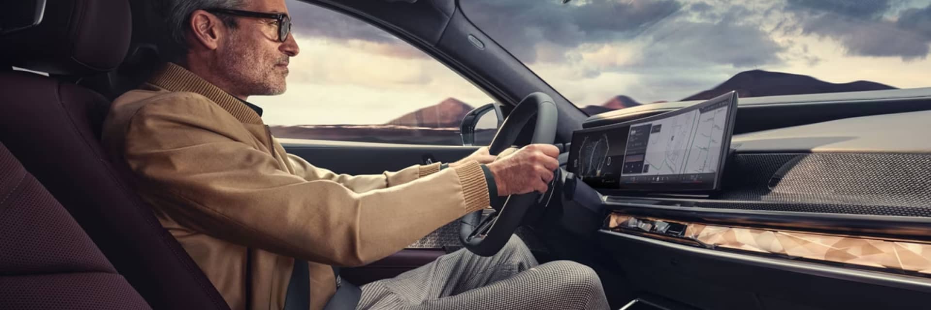 Interior view of a man driving a BMW
