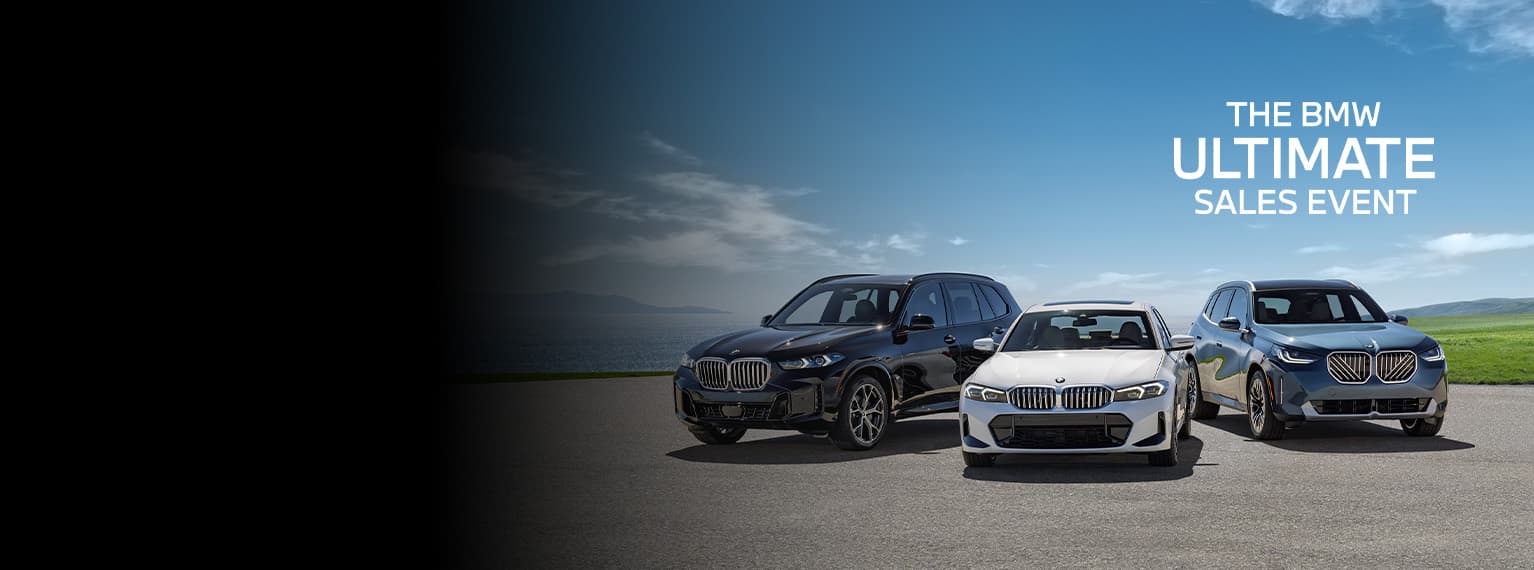 BMW X5, 330i, and X3 parked near seaside.