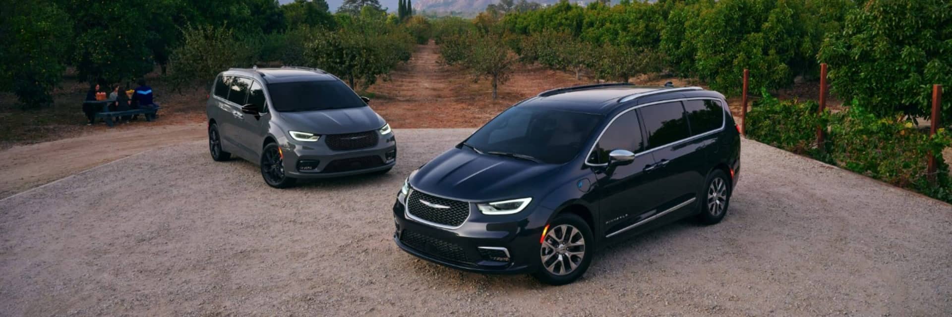 Two Chrysler vans parked on a gravel road while people picnic