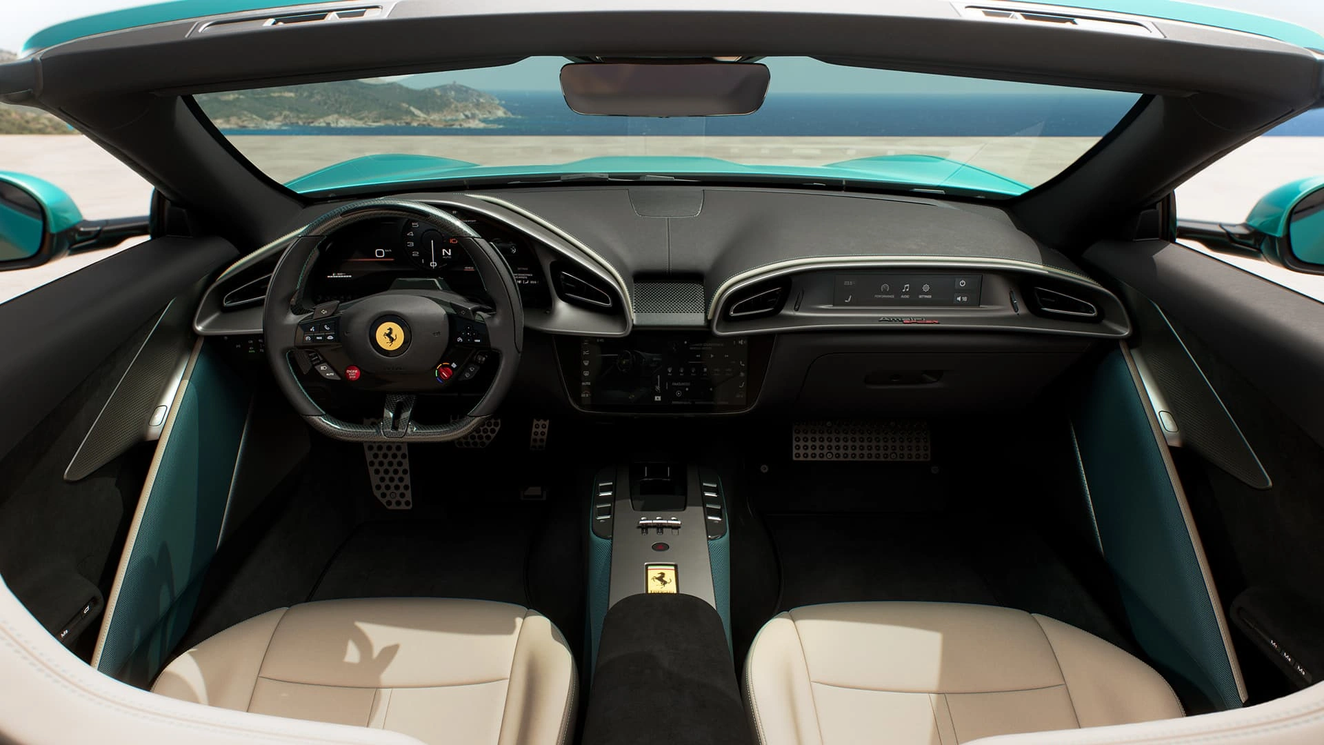 Ferrari Amalfi Spider interior in cream and teal, showing steering wheel, dashboard, and center console