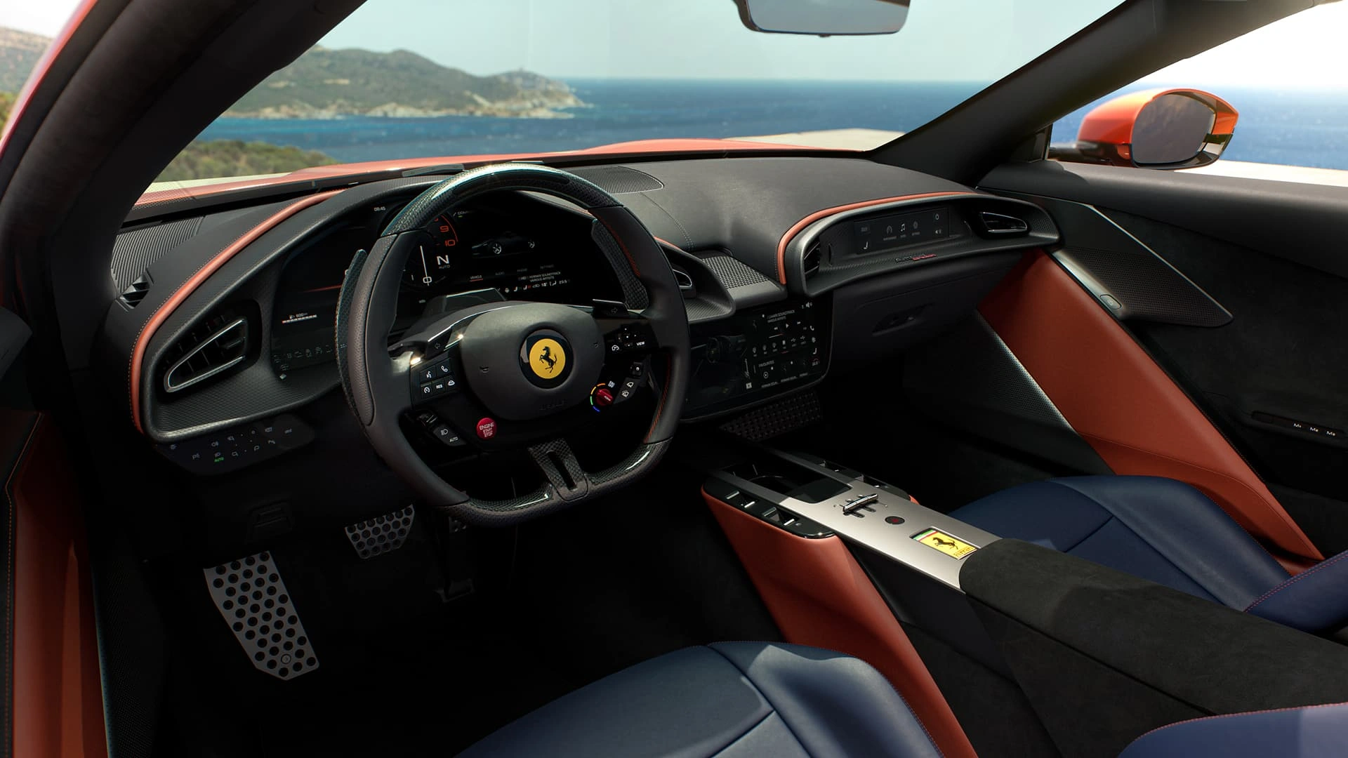 Ferrari Amalfi Spider interior in red and navy blue, showing steering wheel, dashboard, and center console