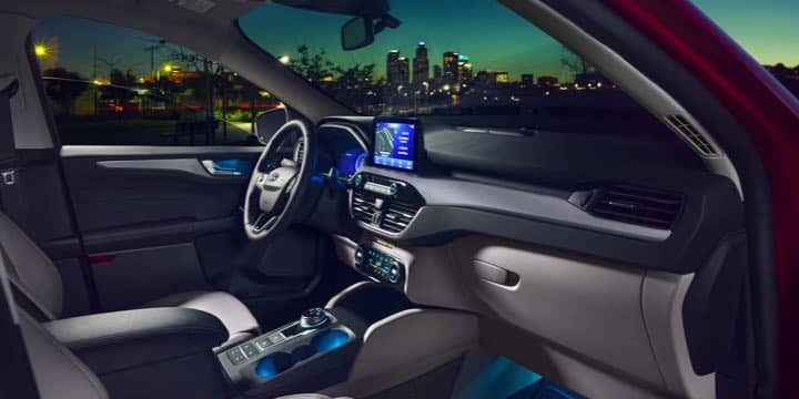 An interior shot of the Ford Escape front row.