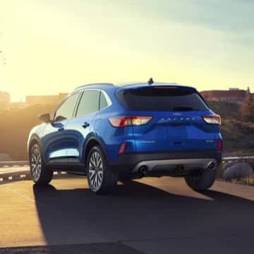 A rear view of a blue Ford Escape.