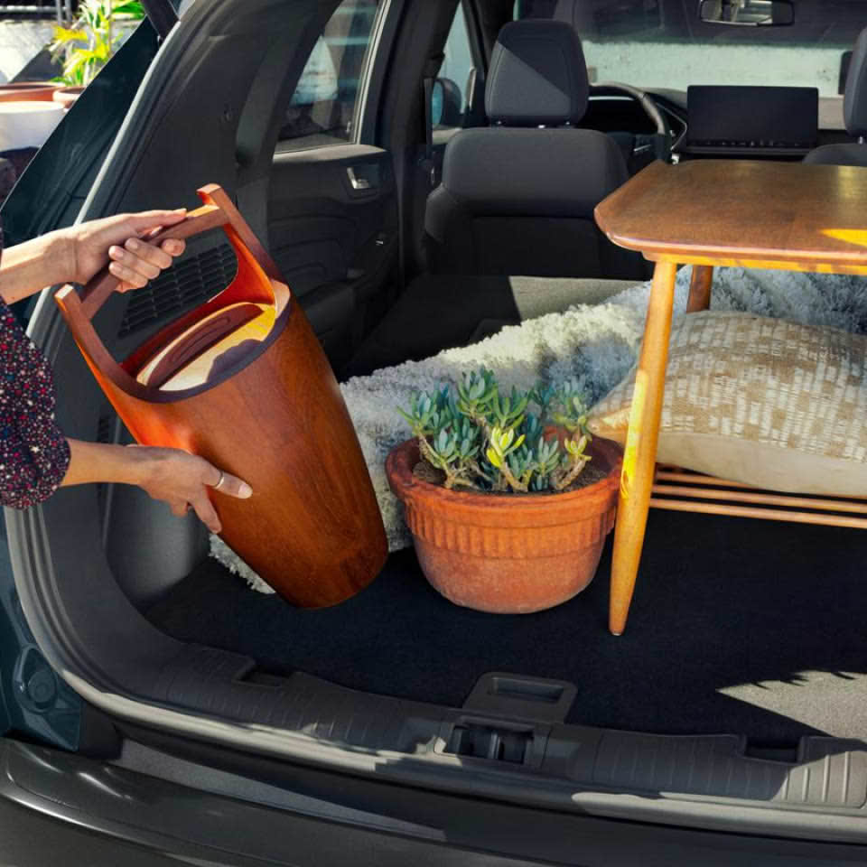 Person placing items into the rear cargo area of a grey Ford Escape.