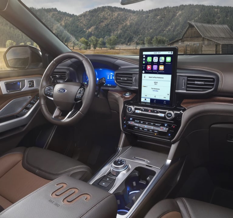 Interior shot of Ford Explorer dashboard and touchscreen