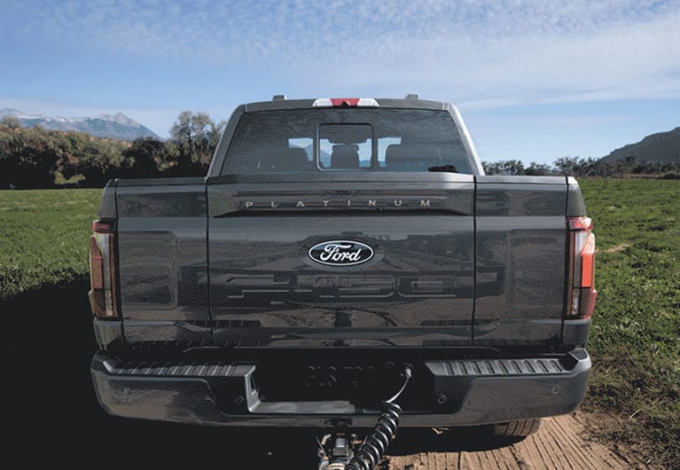 Rear view of a 2024 Ford F-150® pickup with the Pro-Access Tailgate open showing items in the truck bed