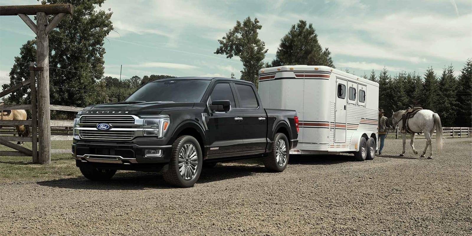 2025 Super Duty® hitched to a horse trailer with a horse and person at the back.