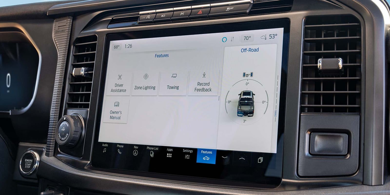 Close-up image of the 12-inch touchscreen on a 2025 Ford F-150® pickup
