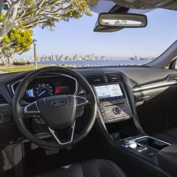 Interior view of the driver's seat of the Ford Fusion Hybrid