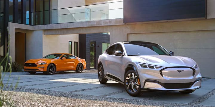 An angled shot of two Mach-E Mustangs parked