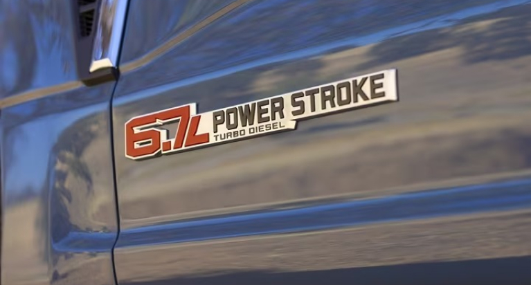 Closeup shot of the engine badge of a Super Duty. 6.7L Power Stroke Turbo Diesel