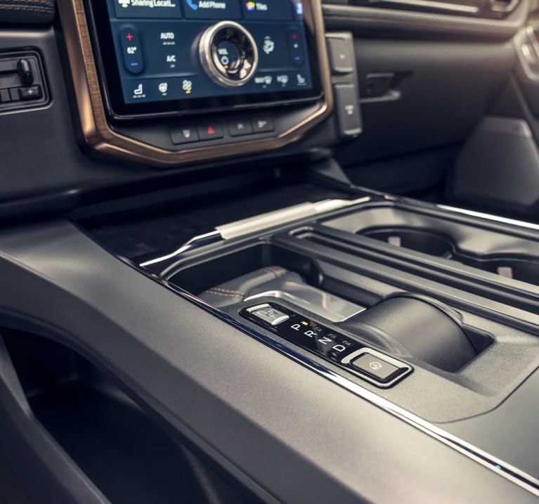 An interior shot of a the middle console and touch screen inside 2023 Ford F-150 Lightning.