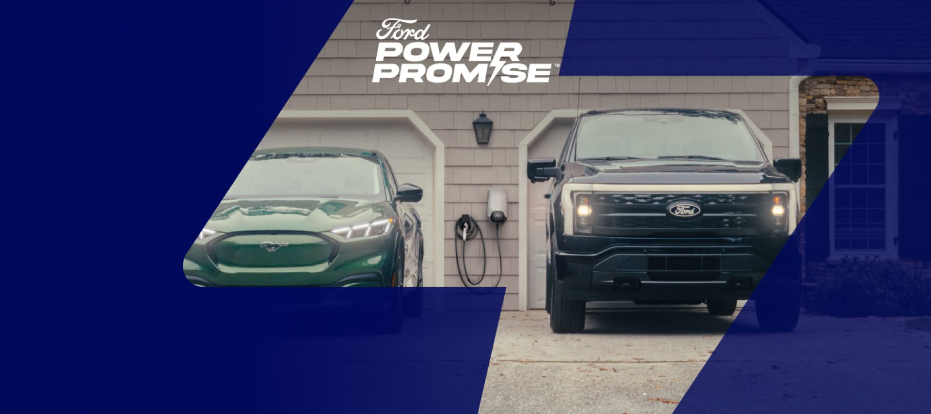 A Mustang Mach-E® and F-150 Lightning® sitting in a driveway with Ford Connected Charge Station hanging on the wall of the garage. 