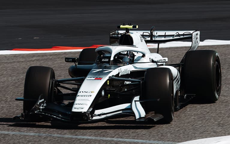 Front Three-quarters View of the White Cadillac F1 Race Car Parked on a Track