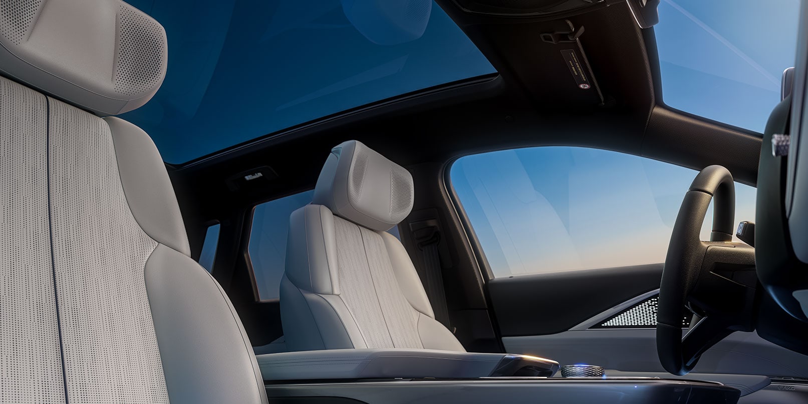 2023 Cadillac Lyriq front seats and full-glass roof