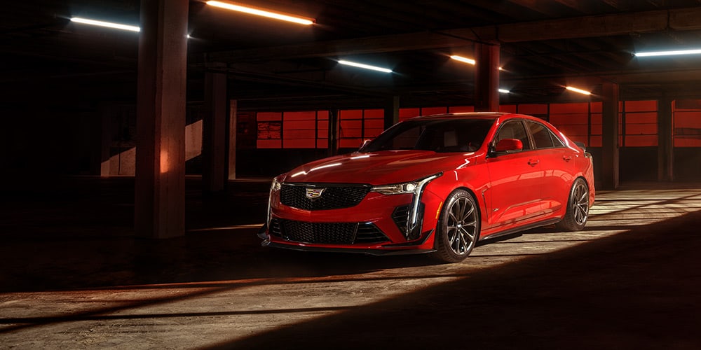 2023 Cadillac CT4-V parked in a dark parking garage