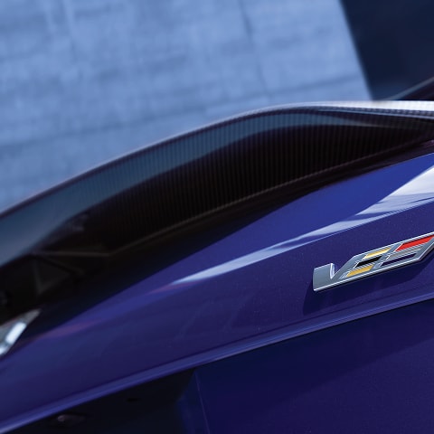 Close up of V-Series badge and carbon fiber trim
