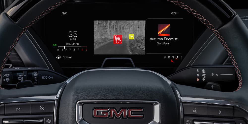 Night Vision thermal image displayed in the Yukon instrument cluster showing a detected pedestrian ahead