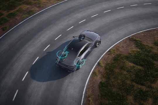 Overhead view of cross sectioned Genesis G80 driving on track, animated icons displaying drivetrain