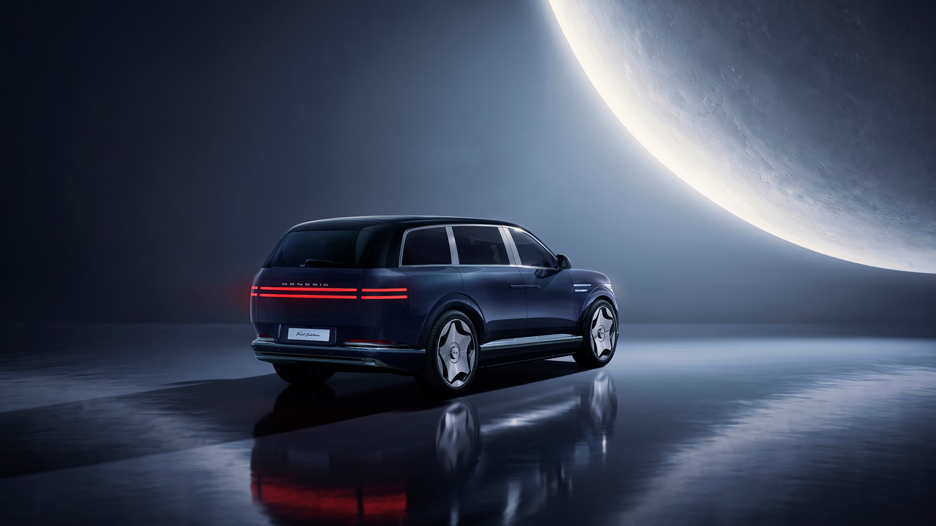 Genesis GV90 with a large moon in the background