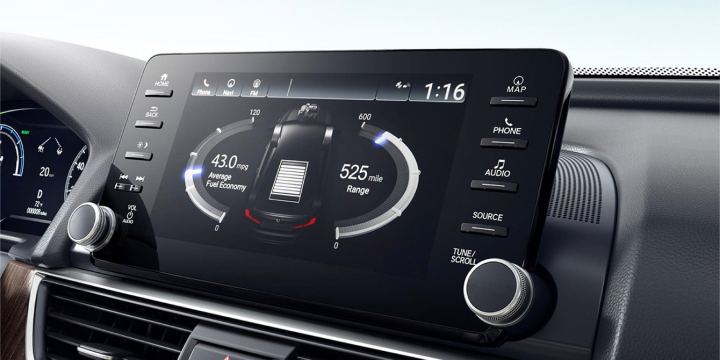 Interior close-up of the dashboard technology