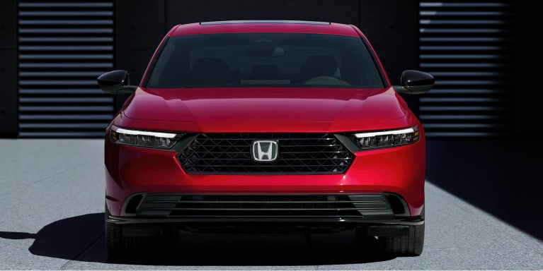 front shot of red honda accord hybrid