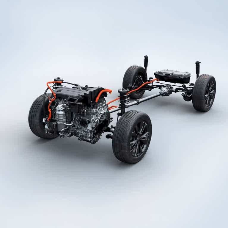 shot of entire engine and wheels perspective of honda