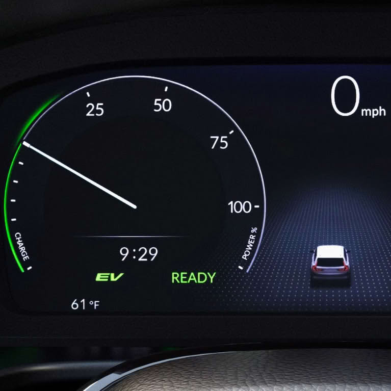 Interior shot of dashboard and display of speed meter for driver seat perspective