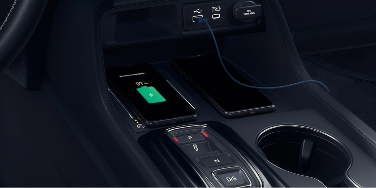 Close-up of center console phone charger