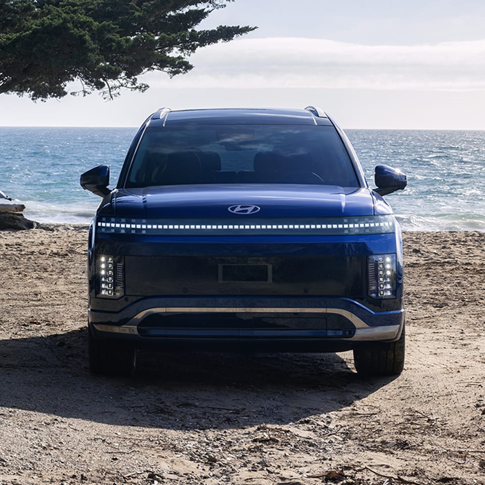 Blue Hyundai EV parked at beach