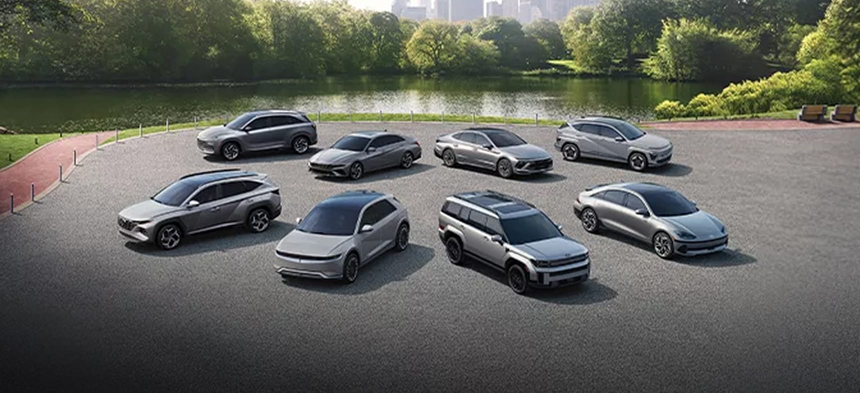 Hyundai EVs parked near pond