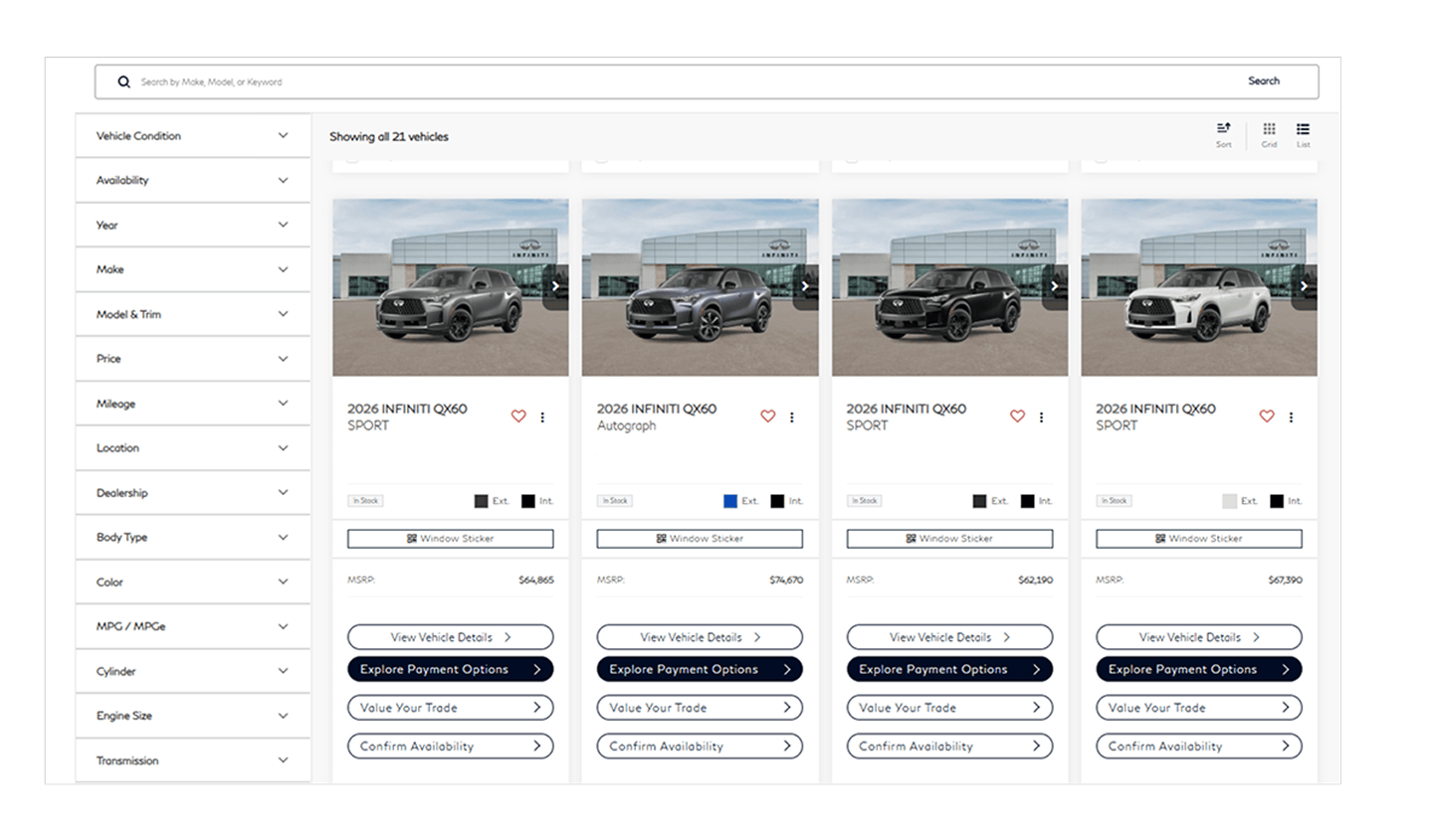 screenshot of INFINITI inventory listings