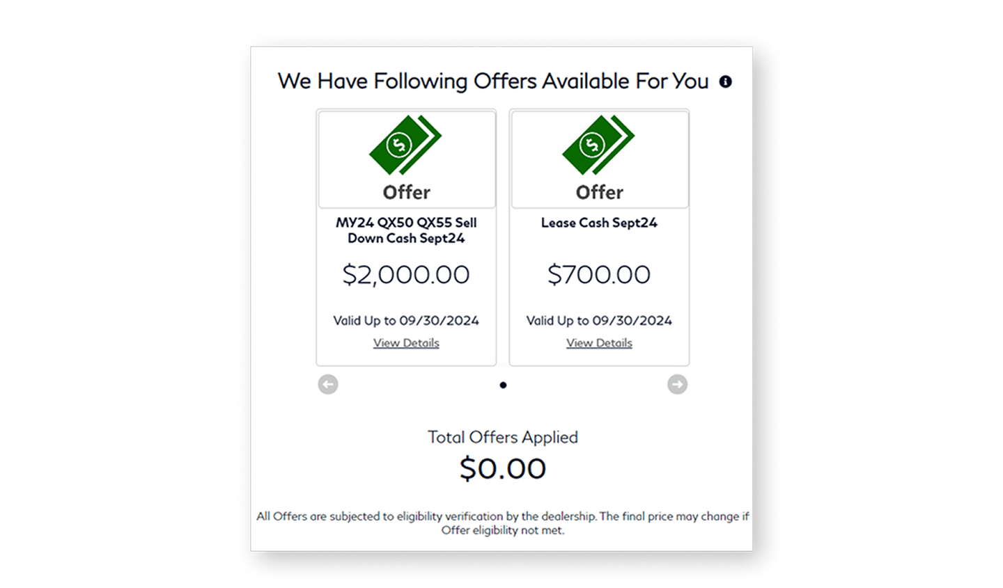 screenshot of INFINITI special offers