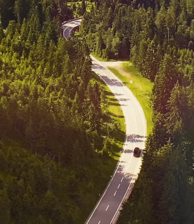 aerial shot of a road winding through the woods