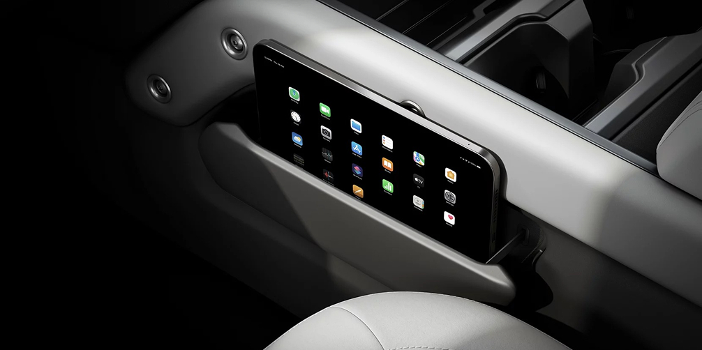 Defender 110 close up interior view of the center console phone holder