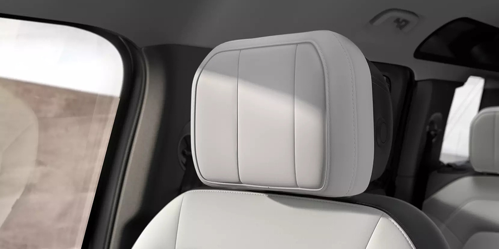 Defender 110 interior view of the front seat head rest