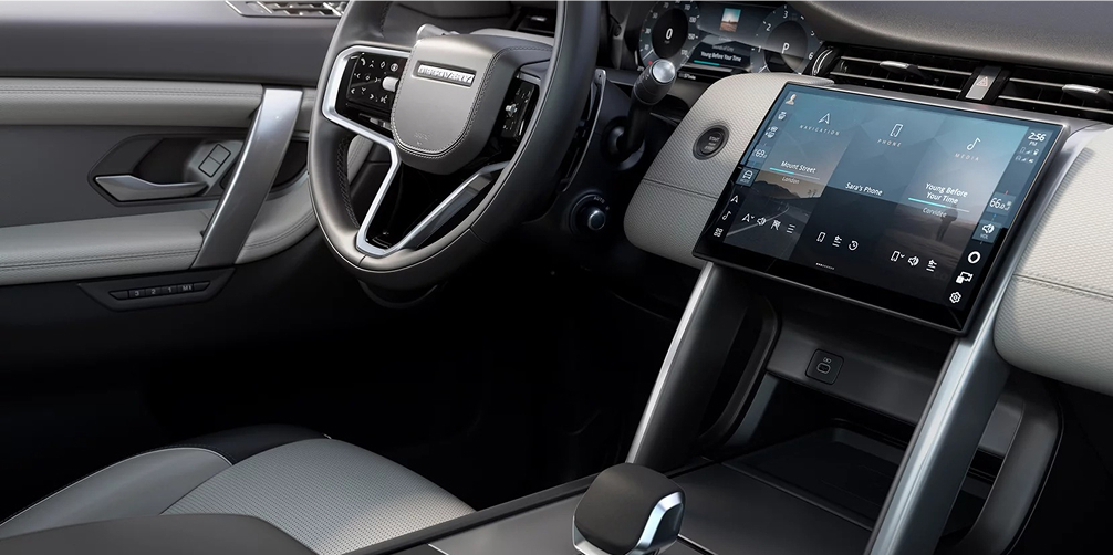 Discovery Sport interior view of the center console and steering wheel
