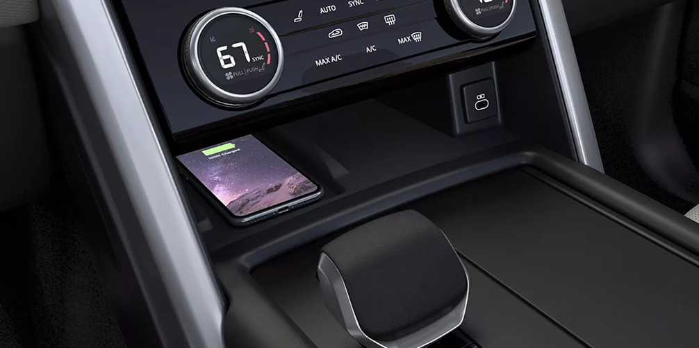 Discovery close up interior view of the center console phone charger