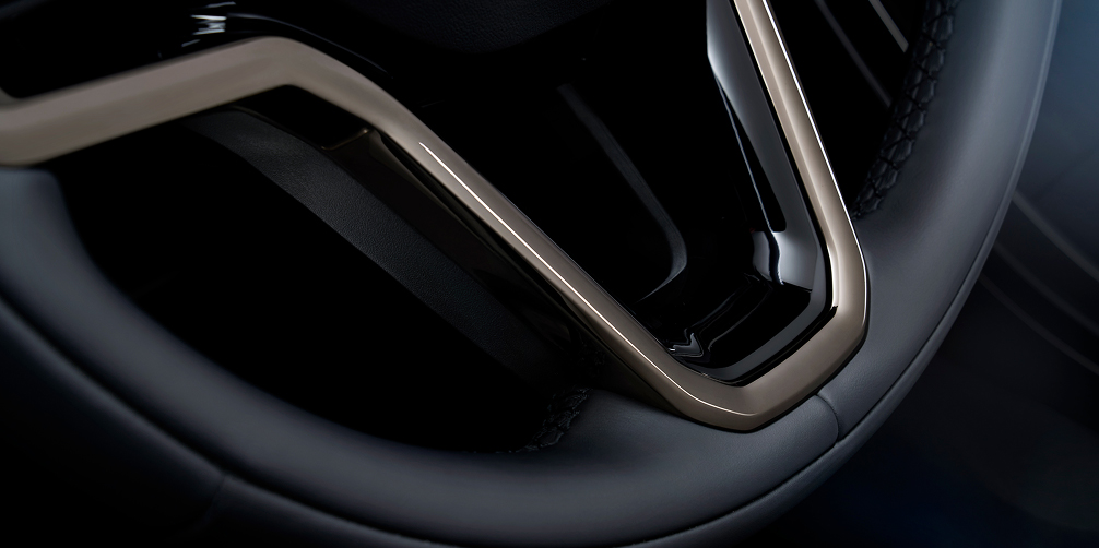 Range Rover Velar close up interior view of the steering wheel