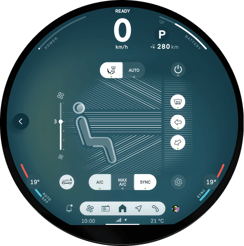 A close  -up of the 9.4” circular OLED display screen.