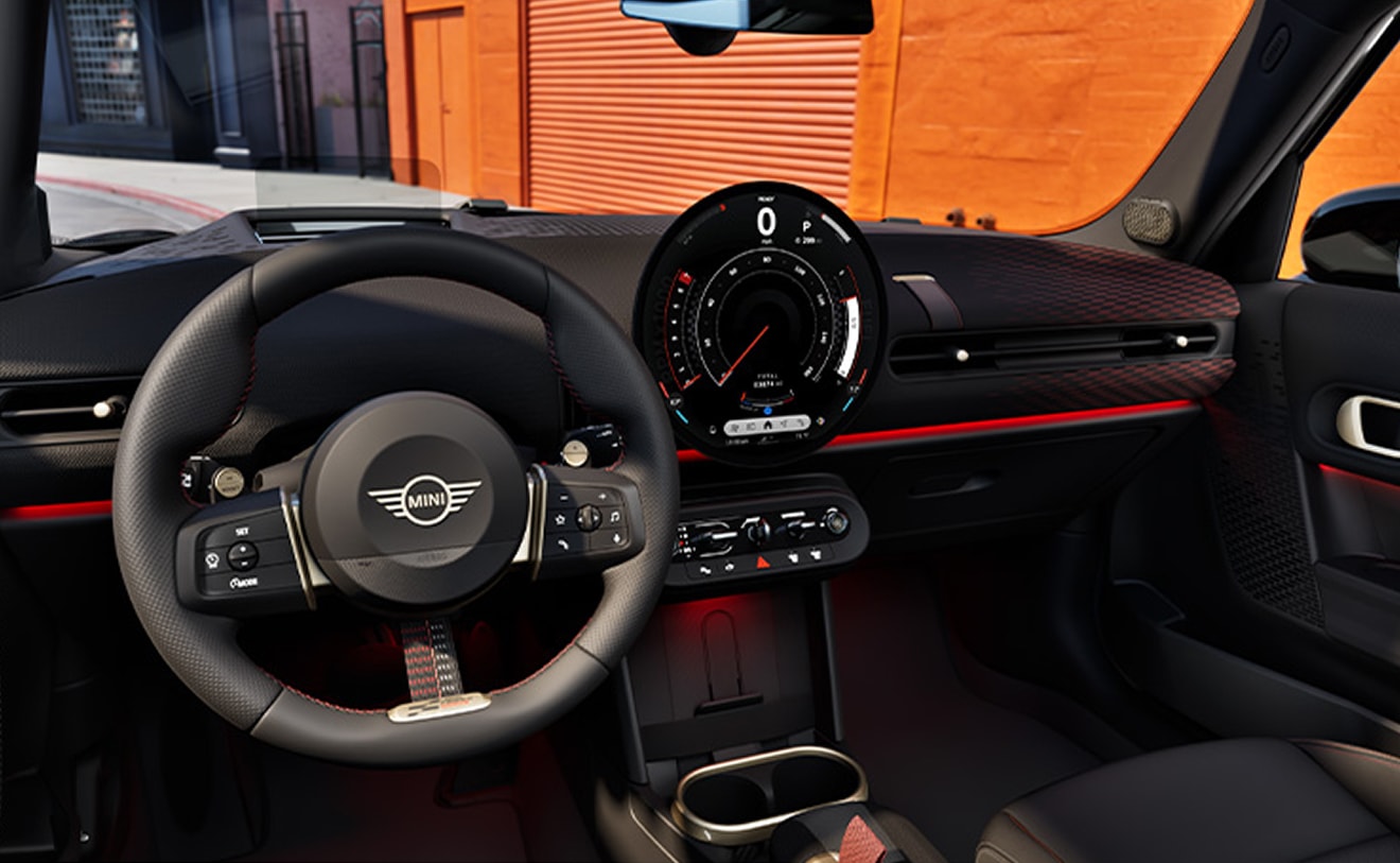 nterior image of steering wheel, dashboard and entertainment of 2026 Cooper S 4