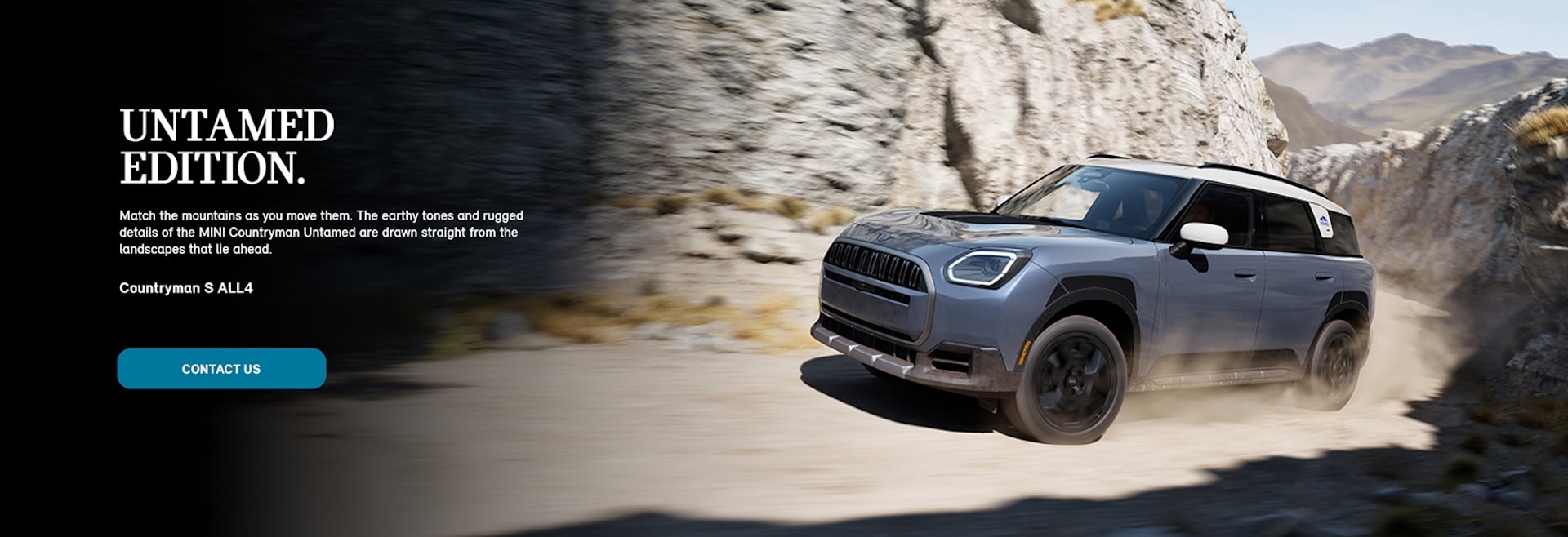 Front and side profile of Untamed Edition Countryman driving up cliff side.