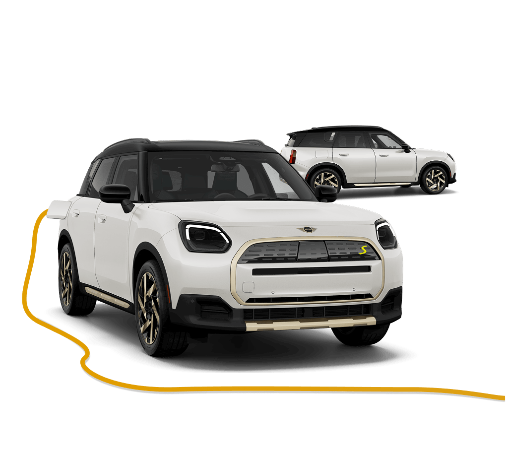 Angled exterior view of the MINI Countryman SE ALL4 charging in front of smaller side view of MINI Countryman SE ALL4.