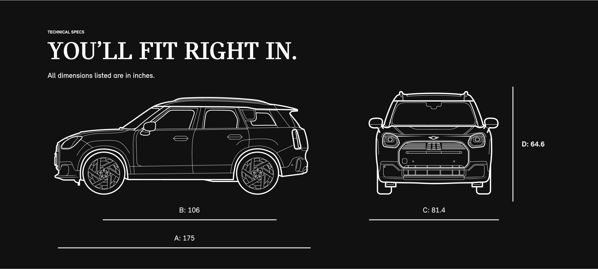 Side view and front view sketch of a MINI Countryman SE ALL4 with dimensions.