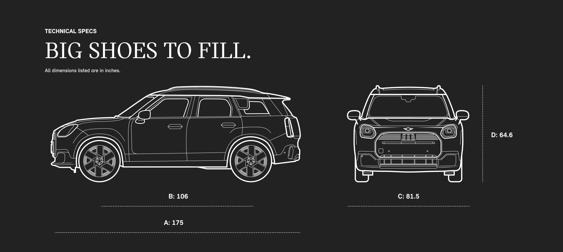 Side view and front view sketch of a MINI Countryman S ALL4 with dimensions.