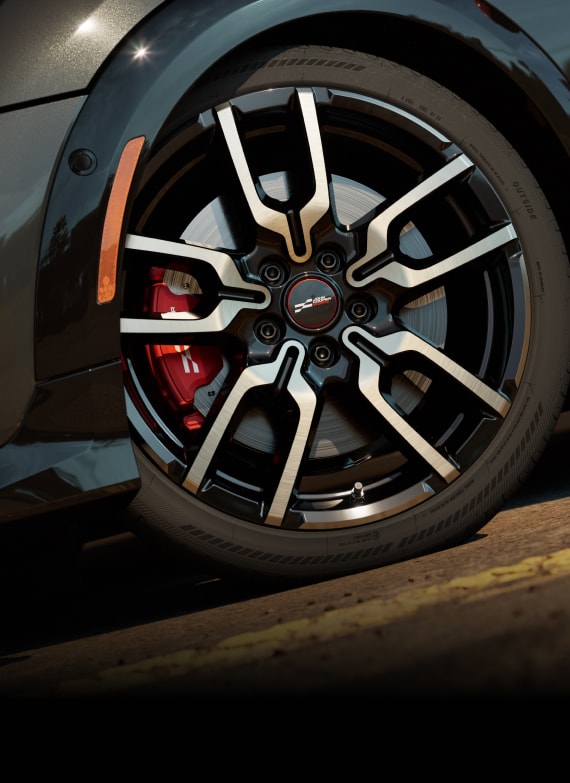 Close-up of the wheel on a MINI JCW 2 Door.
