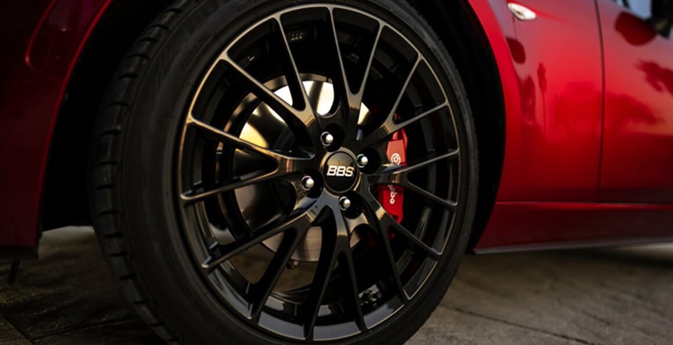 close up of Miata BBS wheels