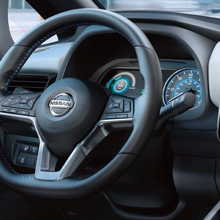 Interior view of the 2021 Nissan LEAF steering wheel