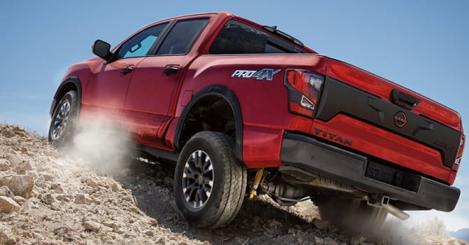 2023 Nissan Titan Pro-4X offroading on dirt hill
